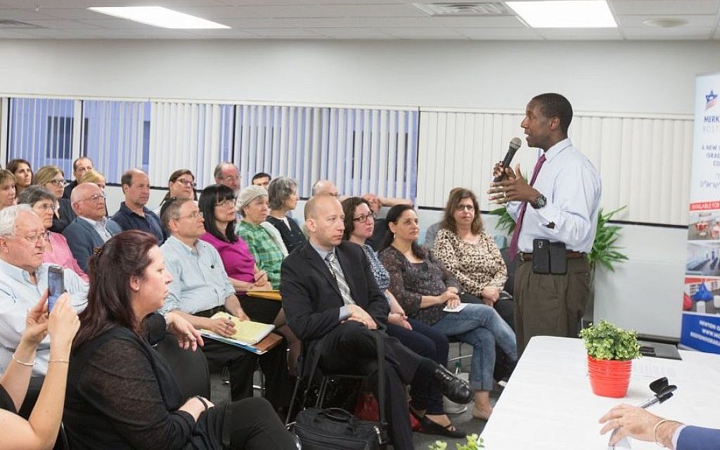 During a June 14, 2016 gathering in Newton, Massachusetts, the city's mayor, Setti Warren, addresses the audience about a recent series of anti-Semitic incidents in Newton schools (Elan Kawesch/The Times of Israel) During a June 14, 2016 gathering in Newton, Massachusetts, the city's mayor, Setti Warren, addresses the audience about a recent series of anti-Semitic incidents in Newton schools (Elan Kawesch/The Times of Israel)