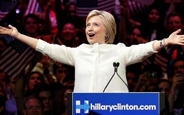 Democratic presidential candidate Hillary Clinton greets supporters at a presidential primary rally in New York, June 7, 2016. (AP/Julio Cortez)