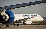 A Turkish Airlines plane seen at the airstrip at Ben Gurion International Airport. February 26, 2015. (Moshe Shai/ Flash90/ File)