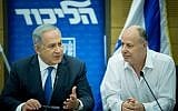 Prime Minister Benjamin Netanyahu with Likud lawmaker Tzachi Hanegbi, right, at the weekly Likud party meeting at the Knesset on March 28, 2016. (Yonatan Sindel/Flash90)