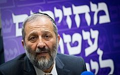 Shas party leader Aryeh Deri speaks during a party faction meeting at the Knesset, May 23, 2016. (Miriam Alster/Flash90)
