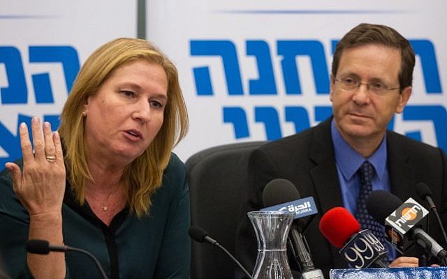 Zionist Union party co-founders, Tzipi Livni and Isaac Herzog, during a party meeting at the Knesset, on May 23, 2016. (Miriam Alster/Flash90) Zionist Union party co-founders, Tzipi Livni and Isaac Herzog, during a party meeting at the Knesset, on May 23, 2016. (Miriam Alster/Flash90)