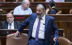 Interior Minister Aryeh Deri arrives to a special session marking Jerusalem Day in the assembly hall of the Israeli parliament on June 1, 2016. (Yonatan Sindel/Flash90)