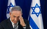 Prime Minister Benjamin Netanyahu seen at a special cabinet meeting for Jerusalem Day at Ein Lavan spring in Jerusalem, June 2, 2016. (Marc Israel Sellem/POOL)