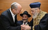 Naftali Bennett (left) and Aryeh Deri (center) with Chief Rabbi Yitzhak Yosef (right) ahead of Yosef's daughter's wedding, on June 2, 2016. (Yaakov Cohen/Flash90)