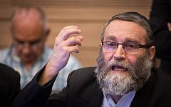 MK Moshe Gafni (United Torah Judaism) speaks during the Interior Affairs Committee meeting on a law proposal for changing regulations for ritual baths, on June 6, 2016. (Hadas Parush/Flash90)