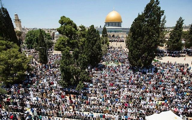 Some 10,000 Palestinian Muslims pray at the Dome of the Rock shrine on the Temple Mount in Jerusalem during the second Friday of the holy month of Ramadan in Jerusalem's Old City, June 17, 2016. (Suliman Khader/Flash90)