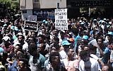 Eritrean migrants protest in front of the European Union embassy in Ramat Gan, near Tel Aviv, calling for the EU to try the Eritrean leadership for crimes against humanity, June 21, 2016.(Tomer Neuberg/Flash90)