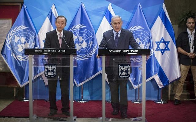 United Nations Secretary-General Ban Ki-moon, left, and Prime Minister Benjamin Netanyahu hold a joint press conference at the Prime Minister's Office in Jerusalem, June 28, 2016. (Yonatan Sindel/Flash90) United Nations Secretary-General Ban Ki-moon, left, and Prime Minister Benjamin Netanyahu hold a joint press conference at the Prime Minister's Office in Jerusalem, June 28, 2016. (Yonatan Sindel/Flash90)