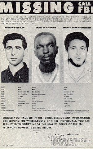 The FBI poster circulated before the bodies of murdered civil rights workers Andrew Goodman, James Chaney and Michael Schwerner were found in 1964. (Wikimedia Commons)