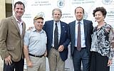 From left: Sean Taube, Jewish Agency chairman Natan Sharansky, Taube Philanthropies founder and chairman Tad Taube, Jerusalem mayor Nir Barkat, and Taube Philanthropies executive director Shana Penn celebrate as The Taube Family Campus at Hebrew Union College-Jewish Institute of Religion is named in Jerusalem,  June 29, 2016. (Avi Hayun)