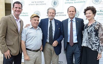 From left: Sean Taube, Jewish Agency chairman Natan Sharansky, Taube Philanthropies founder and chairman Tad Taube, Jerusalem mayor Nir Barkat, and Taube Philanthropies executive director Shana Penn celebrate as The Taube Family Campus at Hebrew Union College-Jewish Institute of Religion is named in Jerusalem,  June 29, 2016. (Avi Hayun)