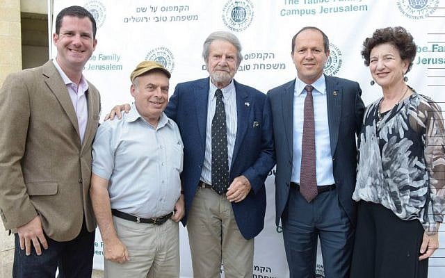 From left: Sean Taube, Jewish Agency chairman Natan Sharansky, Taube Philanthropies founder and chairman Tad Taube, Jerusalem mayor Nir Barkat, and Taube Philanthropies executive director Shana Penn celebrate as The Taube Family Campus at Hebrew Union College-Jewish Institute of Religion is named in Jerusalem, June 29, 2016. (Avi Hayun) From left: Sean Taube, Jewish Agency chairman Natan Sharansky, Taube Philanthropies founder and chairman Tad Taube, Jerusalem mayor Nir Barkat, and Taube Philanthropies executive director Shana Penn celebrate as The Taube Family Campus at Hebrew Union College-Jewish Institute of Religion is named in Jerusalem, June 29, 2016. (Avi Hayun)