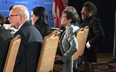 Former Congressman Howard Berman, left, and Cornel West, at right, listening to testimony at a Democratic Party platform drafting committee hearing in Washington, D.C., June 9 2016. (Ron Kampeas/JTA)