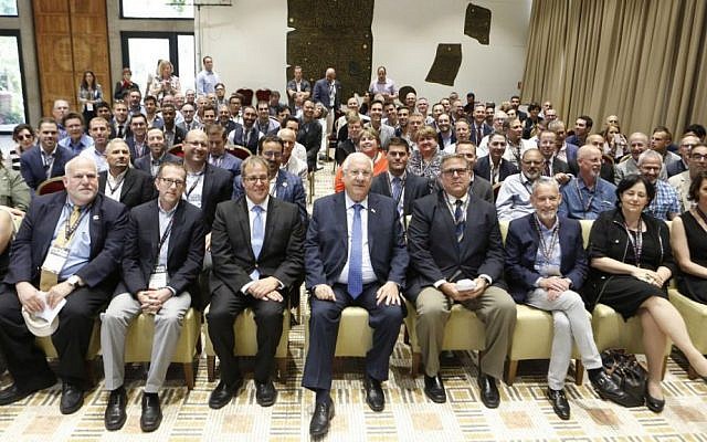 JFNA LGBT mission delegates meet with Israeli President Reuven Rivlin (front row, center) at his official residence in Jerusalem, May 31, 2016. (JFNA)