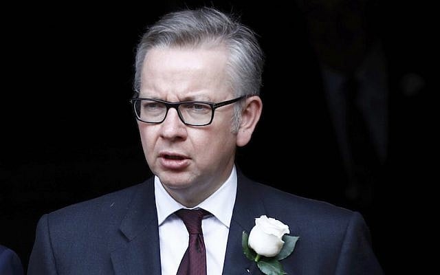 Britain’s Justice Secretary Michael Gove walking from Parliament to St. Margaret’s Church for a remembrance service for Jo Cox in London, England, June 20, 2016. (Stefan Wermuth – WPA Pool/Getty Images via JTA) Britain’s Justice Secretary Michael Gove walking from Parliament to St. Margaret’s Church for a remembrance service for Jo Cox in London, England, June 20, 2016. (Stefan Wermuth – WPA Pool/Getty Images via JTA)