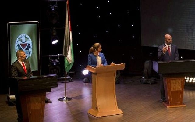 The three finalists of 'The President' reality TV show attend a public debate in the West Bank city of Ramallah, June 2, 2016. (AP/Nasser Nasser) The three finalists of 'The President' reality TV show attend a public debate in the West Bank city of Ramallah, June 2, 2016. (AP/Nasser Nasser)