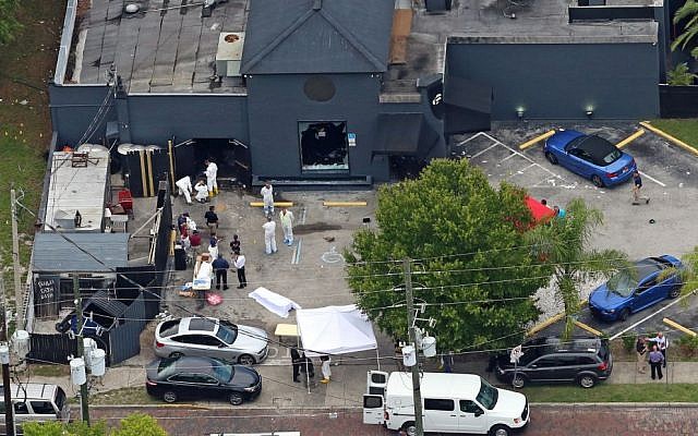 An aerial view of the mass shooting scene at the Pulse nightclub in Orlando, Florida, June 12, 2016. (AP/Phelan M. Ebenhack, File)