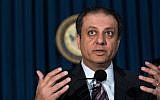 Preet Bharara, United States Attorney for the Southern District of New York, speaking during a press conference announcing corruption charges against members the New York City Police Department, at the US Attorney’s Office, Southern District of New York in New York City, June 20, 2016. (Drew Angerer/Getty Images via JTA)