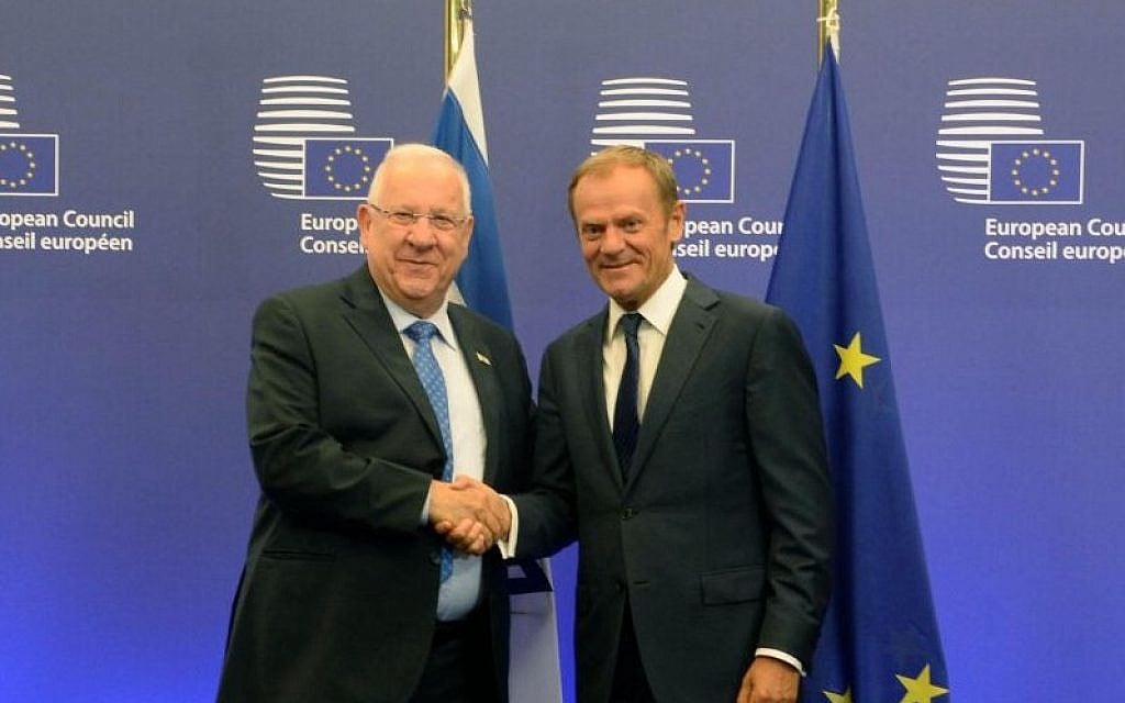 President of the European Council Donald Tusk with Israel's President Reuven Rivlin, June 21, 2016 (Mark Neiman/GPO)