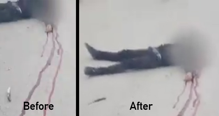 A 'before and after' comparison of the knife's placement during an incident in Hebron in which a soldier was filmed shooting an incapacitated Palestinian assailant in the head nearly 15 minutes after a stabbing attack on March 24, 2016. (screen captures: Channel 2) A 'before and after' comparison of the knife's placement during an incident in Hebron in which a soldier was filmed shooting an incapacitated Palestinian assailant in the head nearly 15 minutes after a stabbing attack on March 24, 2016. (screen captures: Channel 2)