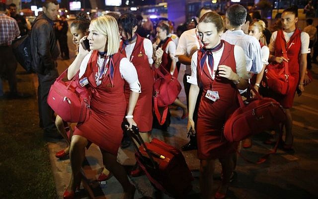 Members of a flight crew leave Istanbul's Ataturk airport, early Wednesday, June 29, 2016. (AP/Emrah Gurel) Members of a flight crew leave Istanbul's Ataturk airport, early Wednesday, June 29, 2016. (AP/Emrah Gurel)