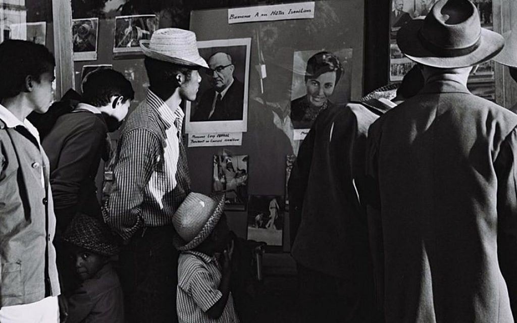 Photos of Prime Minister Levi Eshkol and his wife, Miriam, hang in an information center in Antananarivo, Madagascar, in honor of their visit in June, 1966. (Moshe Fridan/GPO)