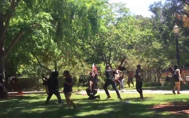 Clashes outside the California state Capitol Building in Sacramento on June 26, 2016. (screen capture: Twitter/Frances Wang) Clashes outside the California state Capitol Building in Sacramento on June 26, 2016. (screen capture: Twitter/Frances Wang)
