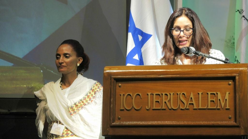 Minister of Culture and Sport Miri Regev (right) and Dr Simcha Getahune, the chair of the Heritage Center, at the kickoff event on June 19, 2016 at the International Convention Center in Jerusalem. (Melanie Lidman/Times of Israel)