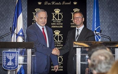 Prime Minister Benjamin Netanyahu gives a joint press statement together with Jesper Vahr, Denmark's ambassador to Israel, during a meeting with ambassadors from NATO member states, in Jerusalem on June 14, 2016 (Miriam Alster/FLASH90)