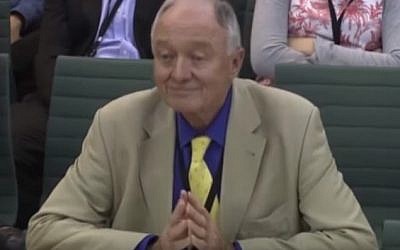 Ken Livingstone appears before a parliamentary inquiry into anti-Semitism in London on June 14, 2016 (screen capture: YouTube) Ken Livingstone appears before a parliamentary inquiry into anti-Semitism in London on June 14, 2016 (screen capture: YouTube)