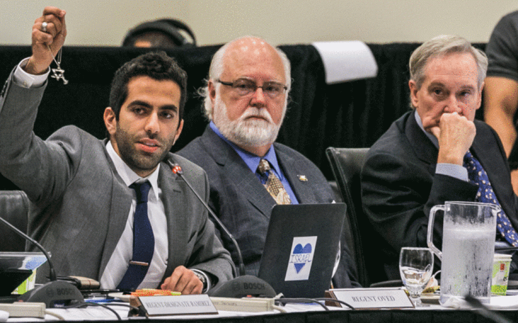 Student Regent Abraham Oved holds up his Star of David necklace during a Regents' meeting after an attack on a Jewish woman in France made headlines. Oved used the necklace as a platform from which to advocate for tolerance across the spectrum (courtesy University of California Board of Regents) Student Regent Abraham Oved holds up his Star of David necklace during a Regents' meeting after an attack on a Jewish woman in France made headlines. Oved used the necklace as a platform from which to advocate for tolerance across the spectrum (courtesy University of California Board of Regents)