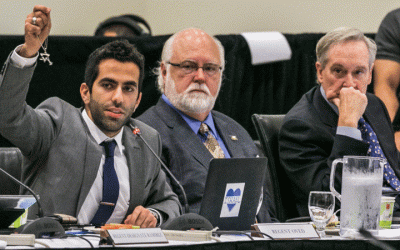 Student Regent Abraham Oved holds up his Star of David necklace during a Regents' meeting after an attack on a Jewish woman in France made headlines. Oved used the necklace as a platform from which to advocate for tolerance across the spectrum (courtesy University of California Board of Regents)