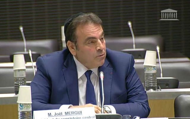 Joel Mergui, president of the French Consistoire, the Jewish community organ responsible for providing religious services, speaks to French lawmakers about ritual slaughter and circumcision, June 23, 2016. (YouTube screen capture) Joel Mergui, president of the French Consistoire, the Jewish community organ responsible for providing religious services, speaks to French lawmakers about ritual slaughter and circumcision, June 23, 2016. (YouTube screen capture)