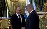 Russian President Vladimir Putin welcomes Prime Minister Benjamin Netanyahu at the start of a meeting at the Kremlin on June 7, 2016 (screen capture: Facebook)