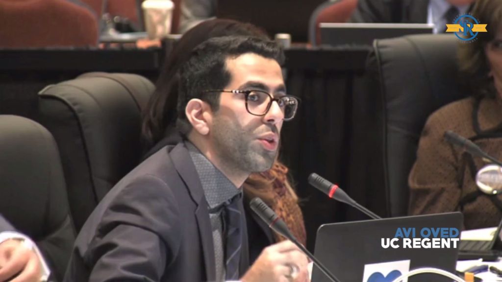 Student Regent Avi Oved pleads his case for more availability of financial aid for middle income families at a board meeting (screenshot/YouTube) Student Regent Avi Oved pleads his case for more availability of financial aid for middle income families at a board meeting (screenshot/YouTube)