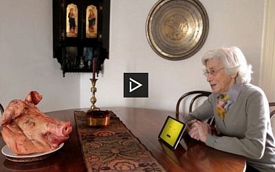 In 'Bacon & God’s Wrath,' an elderly Jewish woman named Razie Brownstone discusses her intention to end her lifelong observance of the dietary laws of kashrut on her upcoming 90th birthday. (screen capture: The Scene via JTA)