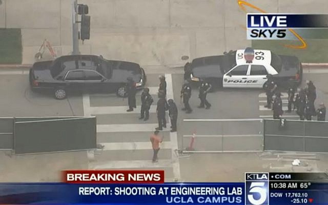 Police on the campus of UCLA on June 1, 2016. (screen capture: KTLA)