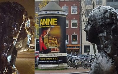 Anne Frank statue near the Anne Frank House museum in Amsterdam, the Netherlands (Matt Lebovic/Times of Israel)