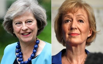 In this combination of file pictures created on July 7, 2016, British Conservative Party leadership candidate Theresa May (L) arrives to attend a cabinet meeting at 10 Downing Street in central London on June 27, 2016 and British Conservative Party leadership candidate Andrea Leadsom (R) delivers a speech to launch her bid to become the Conservative party leader in London on July 4, 2016. (AFP PHOTO / BEN STANSALL AND Leon NEAL)