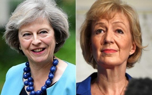 In this combination of file pictures created on July 7, 2016, British Conservative Party leadership candidate Theresa May (L) arrives to attend a cabinet meeting at 10 Downing Street in central London on June 27, 2016 and British Conservative Party leadership candidate Andrea Leadsom (R) delivers a speech to launch her bid to become the Conservative party leader in London on July 4, 2016. (AFP PHOTO / BEN STANSALL AND Leon NEAL) In this combination of file pictures created on July 7, 2016, British Conservative Party leadership candidate Theresa May (L) arrives to attend a cabinet meeting at 10 Downing Street in central London on June 27, 2016 and British Conservative Party leadership candidate Andrea Leadsom (R) delivers a speech to launch her bid to become the Conservative party leader in London on July 4, 2016. (AFP PHOTO / BEN STANSALL AND Leon NEAL)