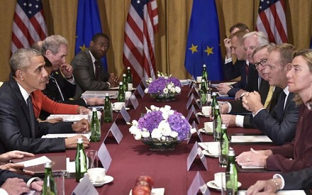 US President Barack Obama (left) meets European Council President Donald Tusk (3rd right), European Commission President Jean-Claude Juncker (4th right) and EU High Representative for Foreign Affairs and Security Federica Mogherini (right) on the sidelines of the NATO Summit in Warsaw, July 8, 2016. (AFP/Mandel Ngan) US President Barack Obama (left) meets European Council President Donald Tusk (3rd right), European Commission President Jean-Claude Juncker (4th right) and EU High Representative for Foreign Affairs and Security Federica Mogherini (right) on the sidelines of the NATO Summit in Warsaw, July 8, 2016. (AFP/Mandel Ngan)