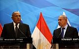 Prime Minister Benjamin Netanyahu (right0 gives a joint statement with Egyptian Foreign Minister Sameh Shoukry prior to their meeting at his Jerusalem office on July 10, 2016. (AFP PHOTO/GALI TIBBON)
