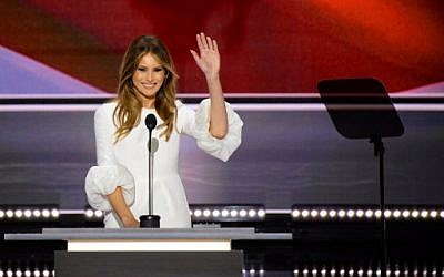 Melania Trump, wife of presumptive Republican presidential candidate Donald Trump, addresses delegates on the first day of the Republican National Convention on July 18, 2016 at Quicken Loans Arena in Cleveland, Ohio. (AFP PHOTO / Robyn BECK) Melania Trump, wife of presumptive Republican presidential candidate Donald Trump, addresses delegates on the first day of the Republican National Convention on July 18, 2016 at Quicken Loans Arena in Cleveland, Ohio. (AFP PHOTO / Robyn BECK)