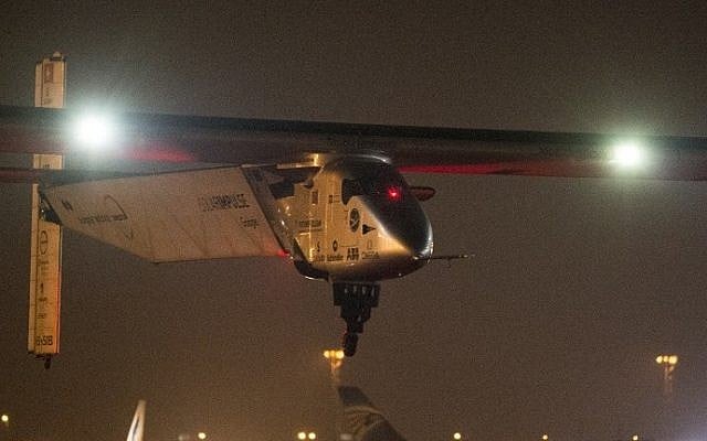The Solar-powered Solar Impulse 2 aircraft takes off from the Cairo International Airport in the Egyptian capital on July 24, 2016, as it heads to Abu Dhabi on the final leg of its world tour. (AFP PHOTO / KHALED DESOUKI)