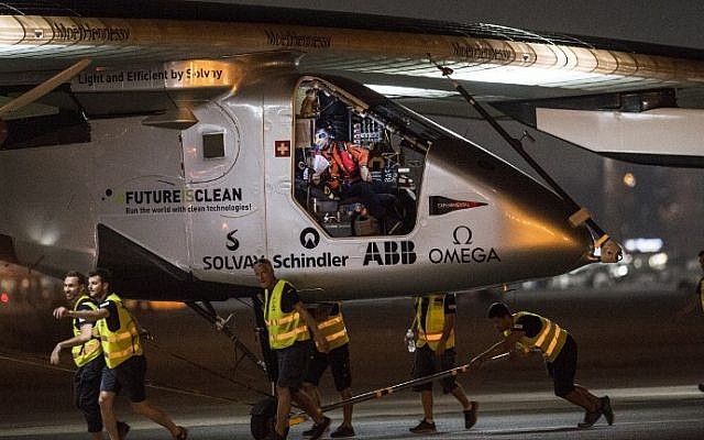 The Solar-powered Solar Impulse 2 aircraft prepares to take off from the Cairo International Airport in the Egyptian capital on July 24, 2016, as it heads to Abu Dhabi on the final leg of its world tour. (AFP PHOTO / KHALED DESOUKI)
