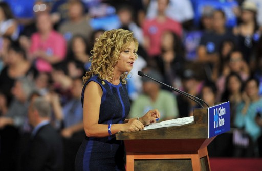 Democratic National Committee Chair, Congresswoman Debbie Wasserman Schultz addresses a campaign rally for Democratic presidential candidate Hillary Clinton at Florida International University in Miami, Florida, July 23, 2016. (AFP Photo/Gaston De Cardenas) Democratic National Committee Chair, Congresswoman Debbie Wasserman Schultz addresses a campaign rally for Democratic presidential candidate Hillary Clinton at Florida International University in Miami, Florida, July 23, 2016. (AFP Photo/Gaston De Cardenas)