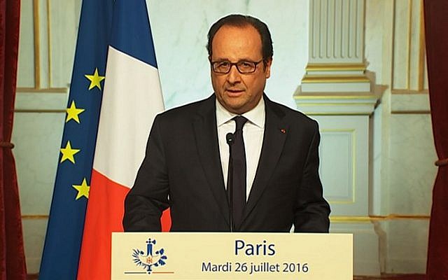 French President Francois Hollande delivering a speech at the Elysee presidential palace in Paris after a priest was killed in the Normandy city of Saint-Etienne-du-Rouvray, July 26, 2016. (AFP Photo/TF1/STR) French President Francois Hollande delivering a speech at the Elysee presidential palace in Paris after a priest was killed in the Normandy city of Saint-Etienne-du-Rouvray, July 26, 2016. (AFP Photo/TF1/STR)