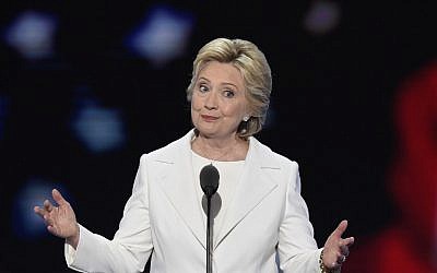 Democratic presidential nominee Hillary Clinton addresses delegates during the fourth and final night of the Democratic National Convention at Wells Fargo Center in Philadelphia, Pennsylvania  on July 28, 2016. (AFP PHOTO/SAUL LOEB)