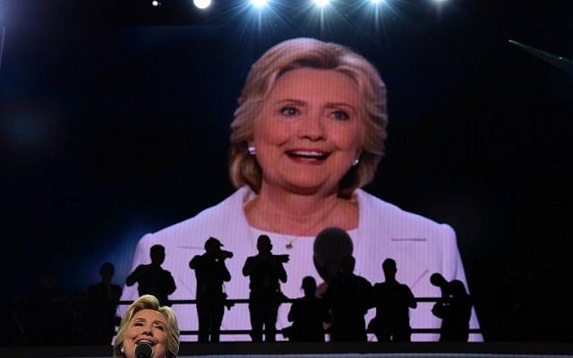 US presidential nominee Hillary Clinton addresses delegates on the fourth and final night of the Democratic National Convention at Wells Fargo Center in Philadelphia on July 28, 2016. (AFP/Robyn Beck) US presidential nominee Hillary Clinton addresses delegates on the fourth and final night of the Democratic National Convention at Wells Fargo Center in Philadelphia on July 28, 2016. (AFP/Robyn Beck)